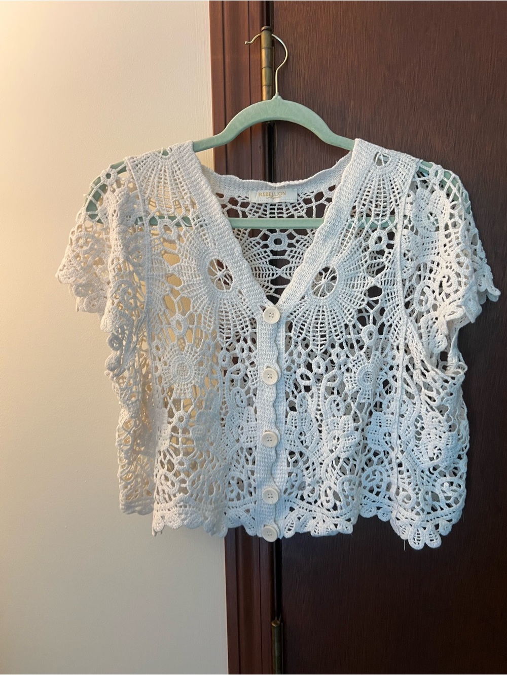 Crochet Button-Front Short Sleeve Top in White